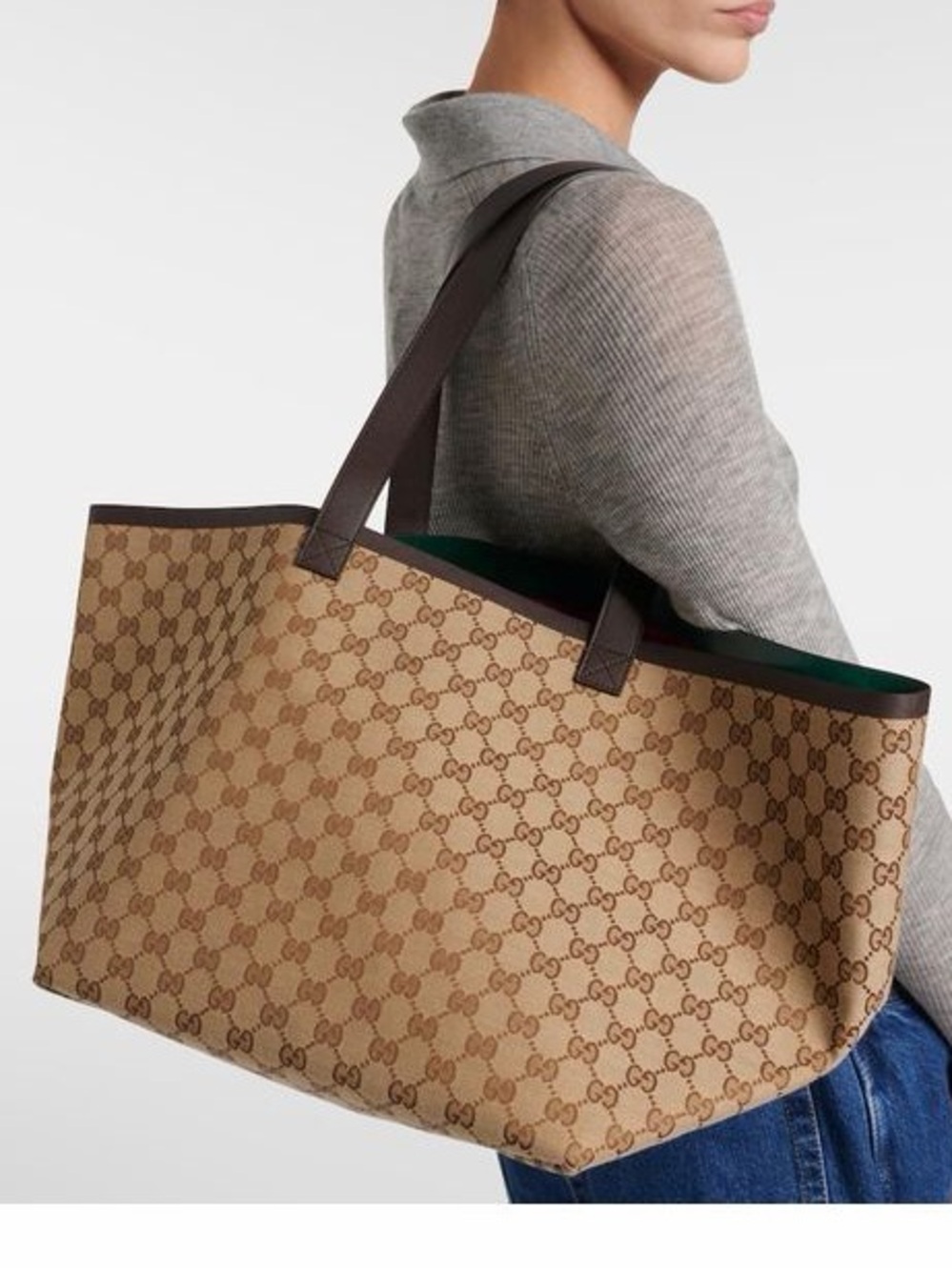 Gucci Brown-Beige Large Totissima Tote Canvas with Dark Brown Leather Handles